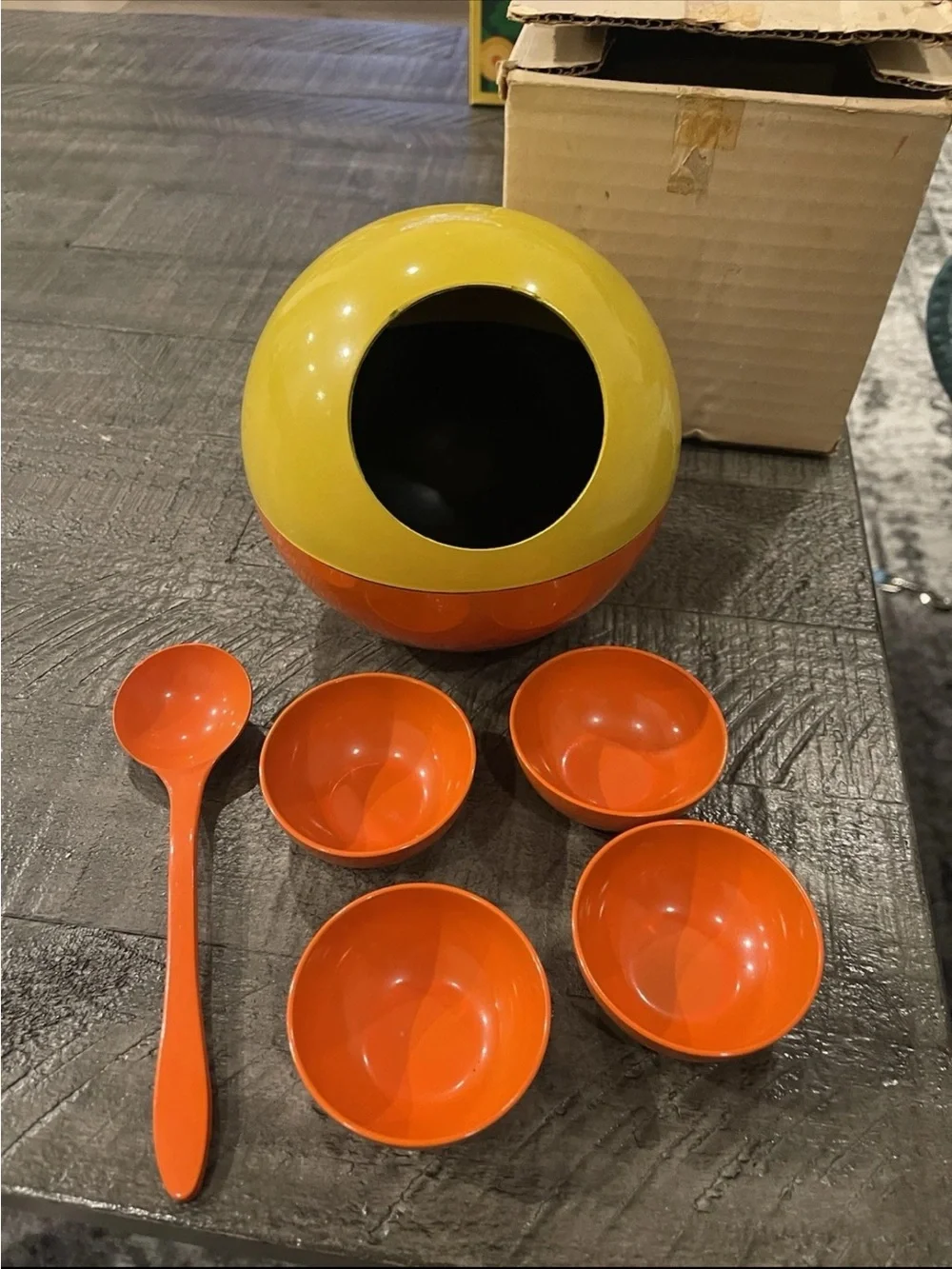 Vintage 1960s Mod Melamine Snack Set Orange Yellow Space Age Mid Century